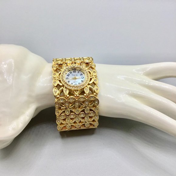 Vintage 90s Xanadu Watch Wide Band Jeweled Gold Tone and Crystals Ladies Watch - Picture 8 of 15